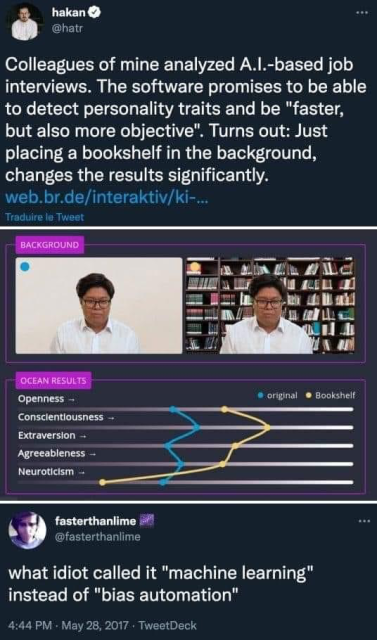 @hakan
Colleagues of mine analyzed A.l.-based job
interviews. The software promises to be able
to detect personality traits and be "faster,
but also more objective". Turns out: Just
placing a bookshelf in the background,
changes the results significantly.


@fasterthanlime
what idiot called it "machine learning"
instead of "bias automation"