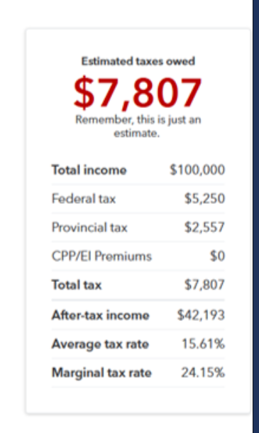 close up of the screenshot that show that Intuit lies about the tax rate 

Est tax: $7807

Total income $100,000
Total tax $7807
After-tax income $42,193
Average tax rate: 15.61%