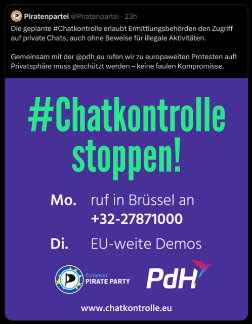 A flyer from the German Pirate Party calling for protest against the upcoming Chat Control vote.