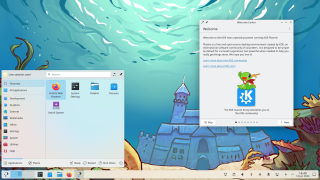 Screenshot of Plasma 6.1 with the welcome presentation on the right and an open launcher menu in the bottom left hand corner.