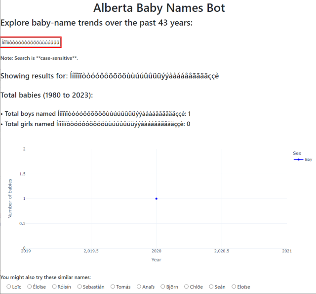 Screenshot of the Alberta Baby Names Bot entry for Ííîîïïòòóóôôõõööùùúúûûüüýýààááââããääççè