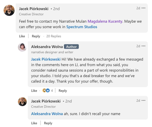 LinkedIn conversation revealing that Spectrum Studios requires potential employees to attend mandatory naked sauna sessions.