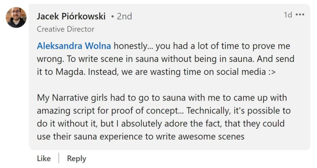 LinkedIn conversation revealing that Spectrum Studios requires potential employees to attend mandatory naked sauna sessions.