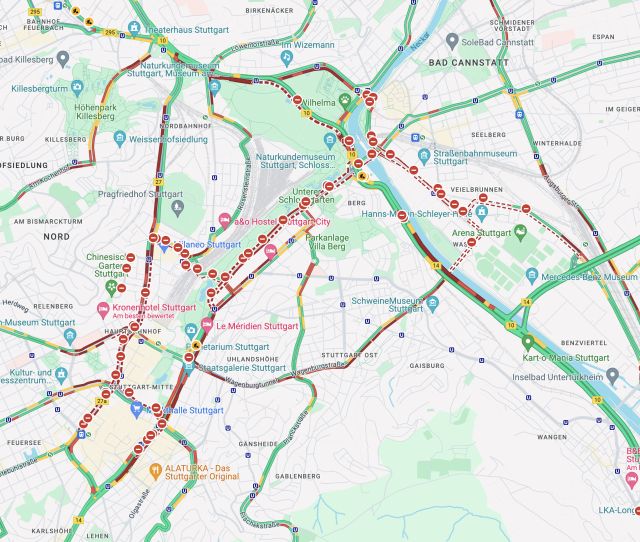 A screenshot of Stuttgart on Google Maps. All the major roads have a dark red "traffic jam" color, or are straight up blocked.