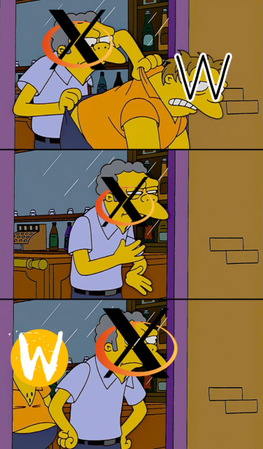 Moe and Barney meme template 
Moe (X) throws Barney (W) away, but then W (Wayland logo this time) comes back 