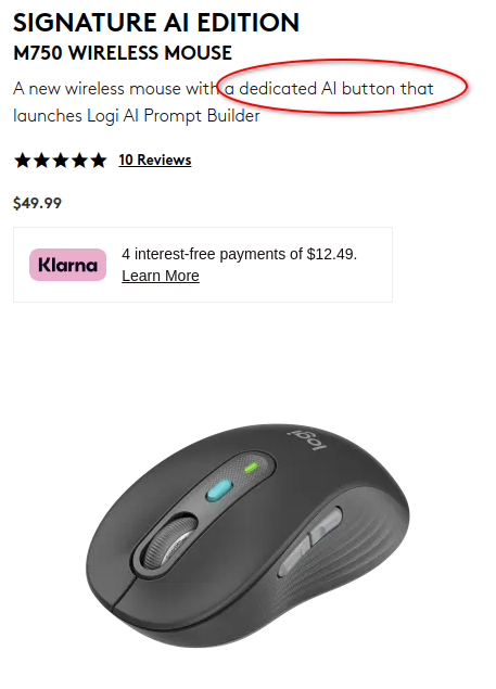 In this image, we can see the "Signature AI Edition M750 Wireless Mouse" featuring a dedicated AI button that launches Logi AI Prompt Builder from Logitech.