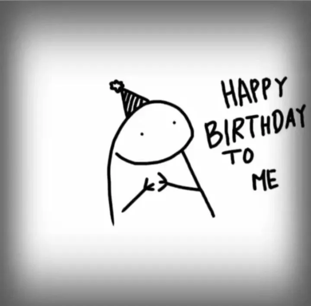 Cartoon saying Happy Birthday to Me.