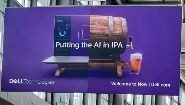 An advertisement from DELL that has half a laptop and half a beer cask and says "Putting the AI in IPA"