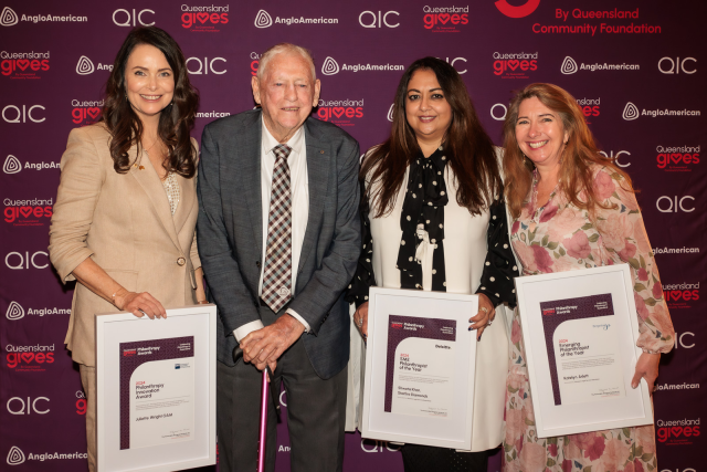 Four people, including Juliette Wright (Philanthropy Innovation Award, Shweta Khan, SME Philanthropist of the Year and Katelyn Aslett, Emerging Philanthropist of the year