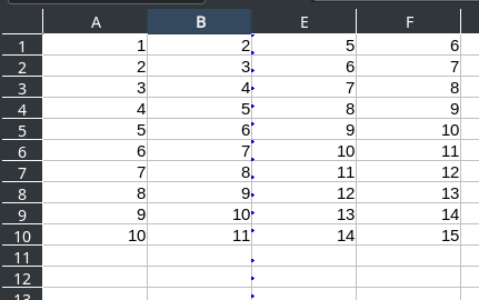 Screenshot of LibreOffice Calc with hidden row/column indicator dots