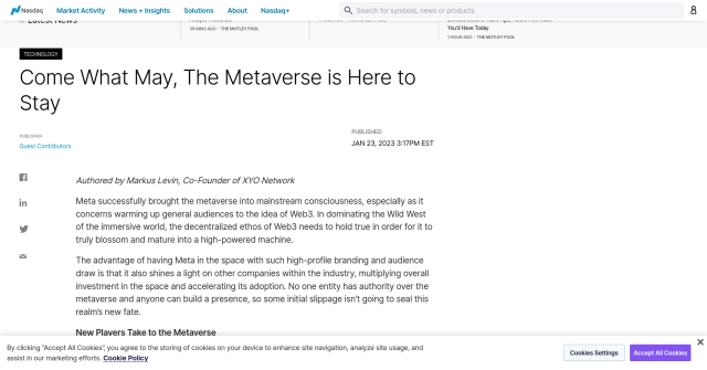 Article on Nasdaq.com with the headline "Come what may, the Metaverse is here to stay".