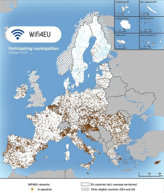 A map of the EU showing thousands of wifi hotspots across the continent. The title reads ‘Wifi4EU: participating municipalities 29 March 2023’.