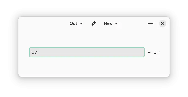 A libadwaita window in dark mode. Flat dropdowns with no background or border are at the center of the header bar for selecting input and output bases, with a swap button in the middle with two arrows. At the end of the header bar is a main menu button and a close button.

In the middle there is an entry text box with a Green focus ring around it, with the input of '37'. Next to it is an equals sign and the answer of 1F.