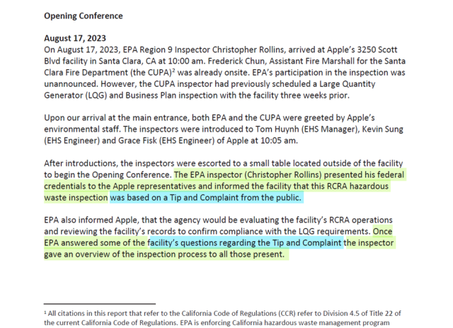 Image of report showing comments about telling Apple they were there due to a whistleblower tip