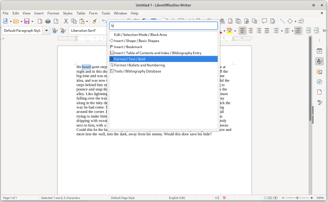 Screenshot of LibreOffice command search feature