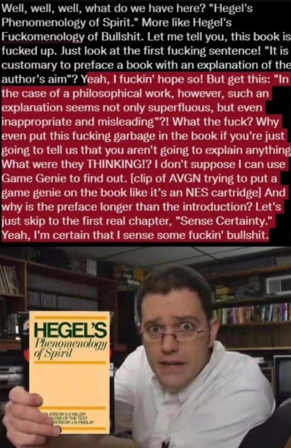 a pic of the angry video game nerd holding a copy of Hegel's Phenomenology of Spirit, and above the pic it says:

Well, well, well, what do we have here? "Hegel's Phenomenology of Spirit." More like Hegel's Fuckomenology of Bullshit. Let me tell you, this book of fucked up. Just look at the first fucking sentence! "It is customary to preface a book with an explanation of the author's aim"? Yeah, I fuckin' hope so! But get this: "In the case of a philosophical with, however, such an explanation seems not only superfluous, but even inappropriate and misleading"?! What the fuck? Why even put this fucking garbage in the book if you're just going to tell us that you aren't going to explain anything. What were they THINKING!? I don't suppose I can use a Game Genie to find out. [clip of AVGN trying to put a game genie on the book like it's an NES cartridge] And why is the preface longer than the introduction? Let's just skip to the first chapter, "Sense Certainty." Yeah, I'm certain that I sense some fuckin' bullshit.