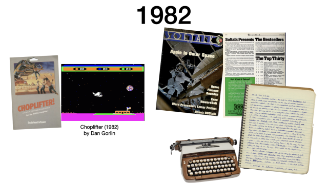 Screenshot and box of Choplifter, Softalk magazine, and a typewriter, circa 1982. Archived by MobyGames and Internet Archive, found by me and downloaded for free, included in my GDC talk and posted here with no one's permission. Hope no one complains. 