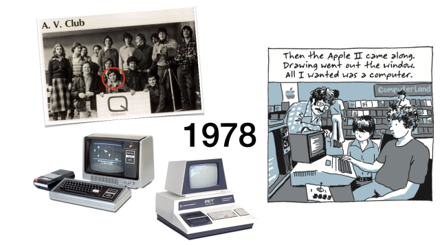 My high school AV club yearbook photo, and a TRS-80  and Commodore PET computer from that year, 1978. Archived by Internet Archive, found by me and downloaded for free, included in my GDC talk and posted here with no one's permission. The REPLAY comics panel is the only thing on this page I actually have rights to use.