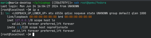 screenshot of a linux terminal
`ssh root@qemu/fedora`

the screenshot shows an ssh connection to a vm, which is not connected to the network, shown by an execution of `ip a`, which only shows the loopback interface.