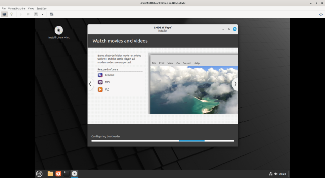 A screenshot of the Linux Mint installer running in a KVM instance with virt-manager.