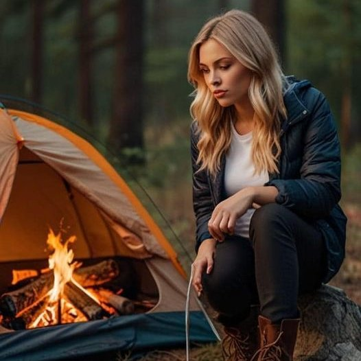 AI generated image of a blonde woman in outdoor gear sitting next to a tent with a log fire inside of the tent! 