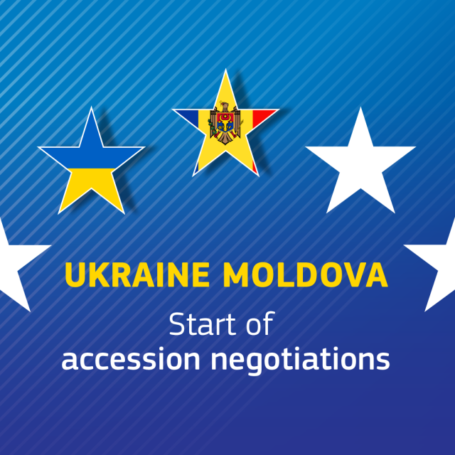 A visual with 5 of the stars of the EU flag. One of them is filled with Ukrainian colours, another one with Moldovan ones. The background is blue with white stripes. A text reads below "Ukraine Moldova - start of accession negotiations"