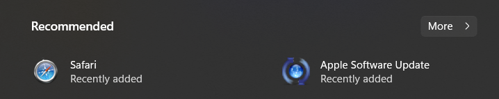 Windows recommended apps "Safari" and "Apple Software Update"