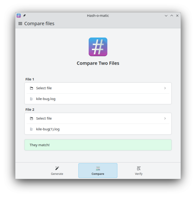 Screenshot of Hash-o-Matic compare page showing two files with the same content