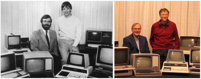 Photo from GeekWire article, "Seattle’s Living Computers Museum logs off for good as Paul Allen estate will auction vintage items"; Kurt Schlosser; June 25, 2024.
Caption reads: "Paul Allen and Bill Gates surrounded by personal computers in a 1981 photograph, left, that they recreated at the Living Computers Museum in 2013."