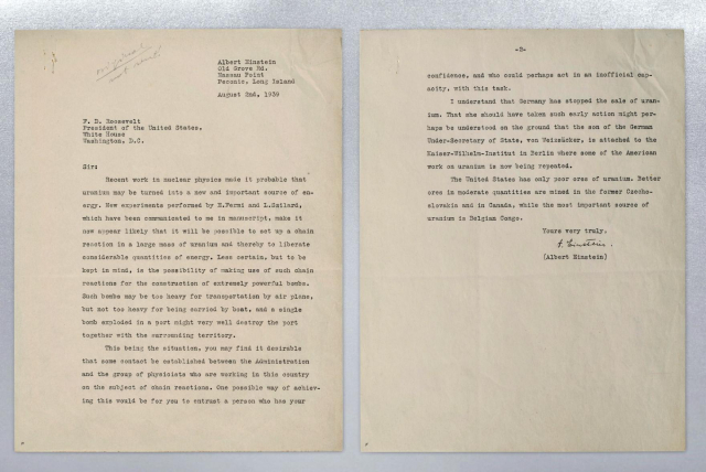 Photo from GeekWire article, "Seattle’s Living Computers Museum logs off for good as Paul Allen estate will auction vintage items"; Kurt Schlosser; June 25, 2024.
Caption reads: "(Click to enlarge) A 1939 letter from Albert Einstein informing President Franklin Delano Roosevelt that the Germans have discovered a fissionable form of uranium that could be used to fuel a devastating weapon. The letter is credited as the impetus behind the establishment of the Manhattan Project and ultimately the detonation of the first nuclear weapon six years later. (Christie’s Images LTD 2024)"