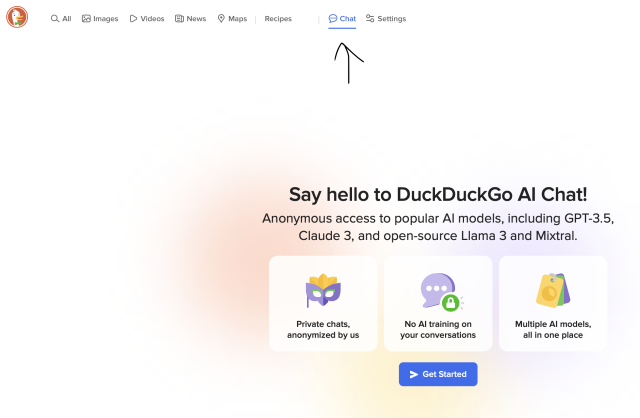 Screenshot of the chat (AI) filter in DuckDuckGo with an arrow pointing to the filter