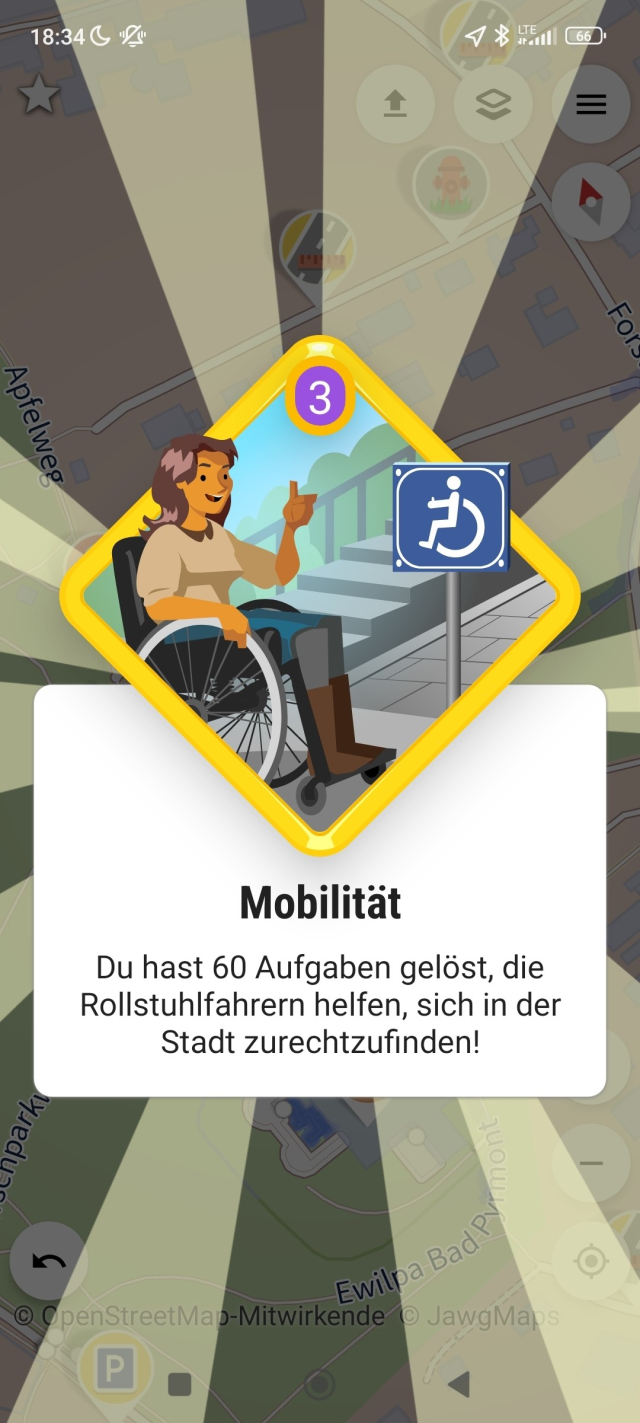 Screenshot der App Streetcomplete der mitteilt dass 60 Aufgaben zur Mobilität von Rollstuhlfahrerinnen eingetragen wurden.