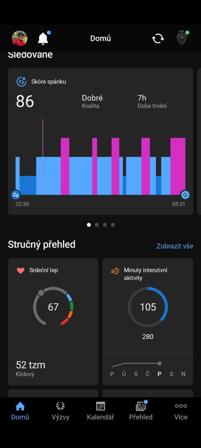 Screenshot z aplikace Garmin, kde je zobrazen diagram s kvalitou spánku.
