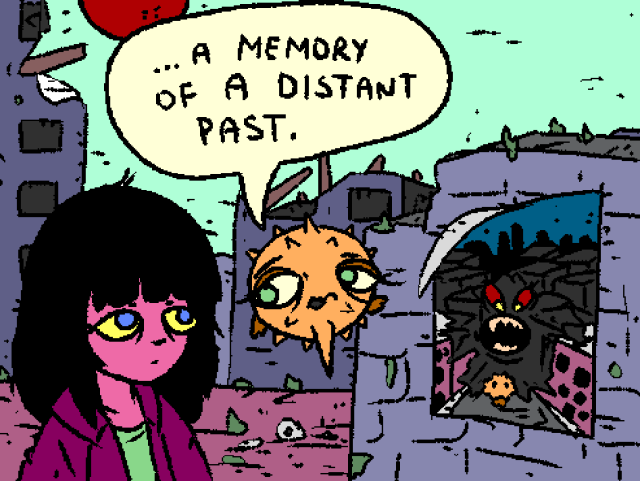 Girl and Puffy come across and old poster in ruins of a city. It's the release art for OpenBSD 3.9, featuring Puffy facing against a Binary Blob.

Puffy: "...a memory of a distant past."