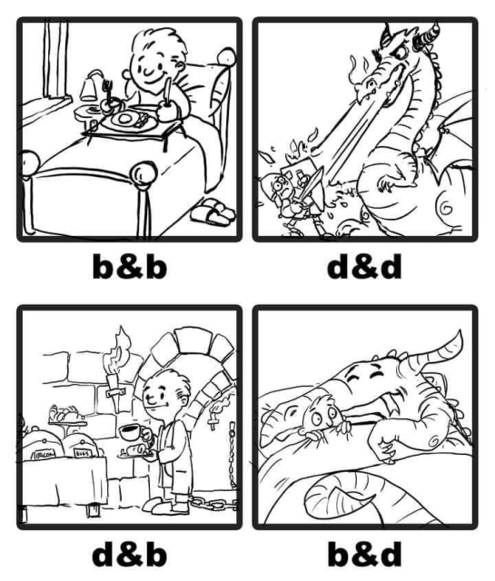 Four panels:

1:  "B&B" : man breakfasting on bed
2: "D&D": A dragon fighting a warrior, possibly on a dungeon
3: "D&B": A man serving himself a buffet breakfast in a dungeon, his leg cuffed
4: "B&D": A dragon is under the blankets, on the same bed as a very scared man