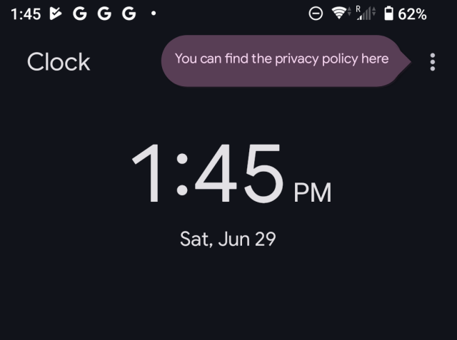 Android screenshot
"Clock"
"You can find the privacy policy here"