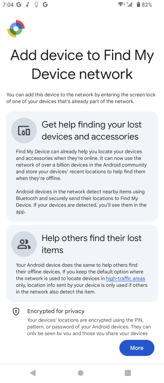 "Add device to Find My Device network"