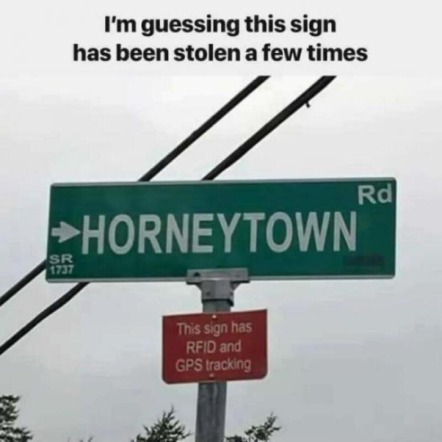 I'm guessing this sign has been stolen a few times.

(Street sign for "Horneytown" also has a sign under it stating that the sign has RFID and GPS tracking)