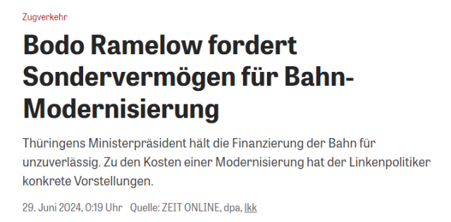 Screenshot von Zeit-online-Artikel: "Bodo Ramelow fordert Sondervermögen für Bahn-Modernisierung"