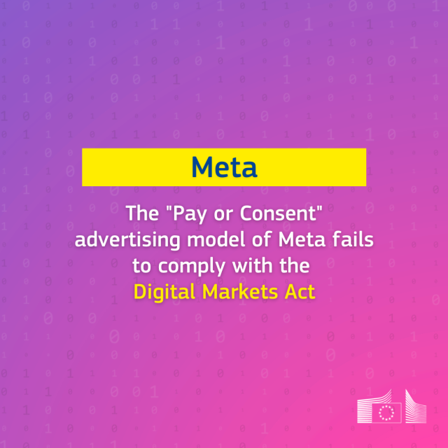 Text says Meta - The pay or consent advertising model of Meta fails to comply with the Digital Markets Act. Background shows binary code.