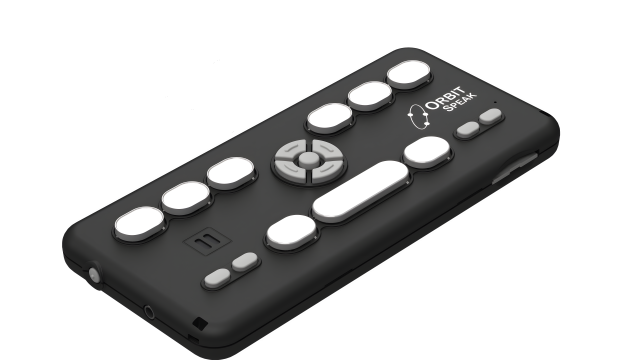 The image shows the Orbit Speak, a portable braille device designed for visually impaired users. It features a Perkins-style 8-key braille keyboard, a central navigation pad, and various function keys. The device includes ports for charging and connectivity, enhancing accessibility and usability for digital content.