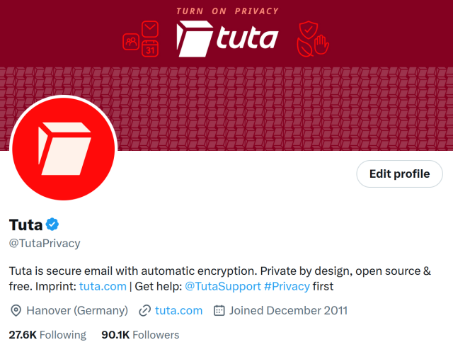 Screenshot of Tuta's X profile showing 90.1 K followers. 