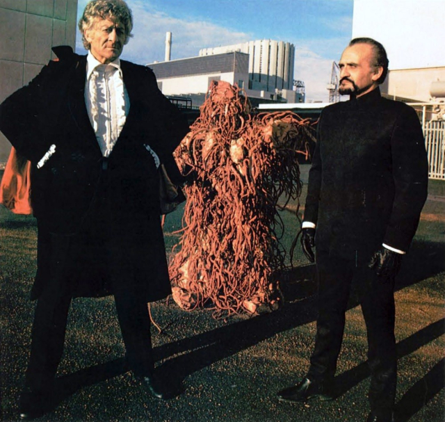 The third Doctor, the Master, and an Axis from the story The Claws of Axos.