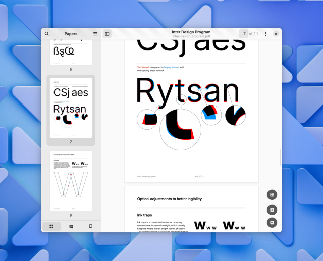 Screenshot of a Papers window with a GNOME wallpaper in the background. The app window is a medium desktop size, and consists of a split view sidebar with the pages of the document and a content pane with the full pages. The document being displayed is the design program for the Inter font.