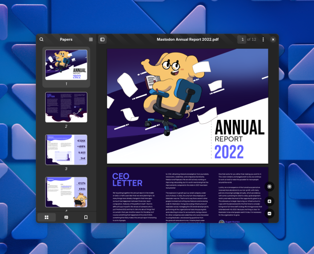 Screenshot of a Papers window with a GNOME wallpaper in the background. The app window is a medium desktop size, and consists of a split view sidebar with the pages of the document and a content pane with the full pages. The document being displayed is the 2022 Mastodon annual report.