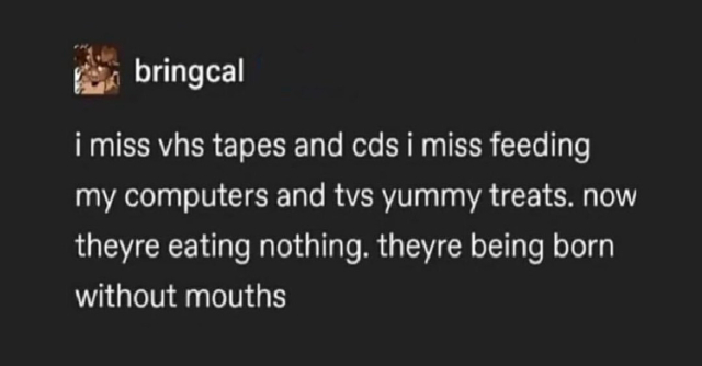 I miss VHS tapes and CDs. I miss feeding my computer and TVs yummy treats. Now they’re eating nothing. They’re being born without mouths.