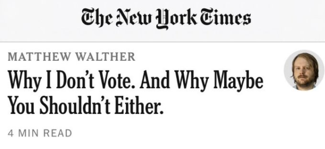 OpEd Headline by Matthew Walther: "Why I Don't Vote. And Maybe You Shouldn't Either."