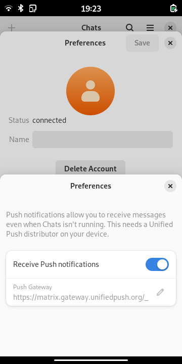 Chatty's Push Notification Preferences allowing to toggle them on/off and to configure the push gateway.