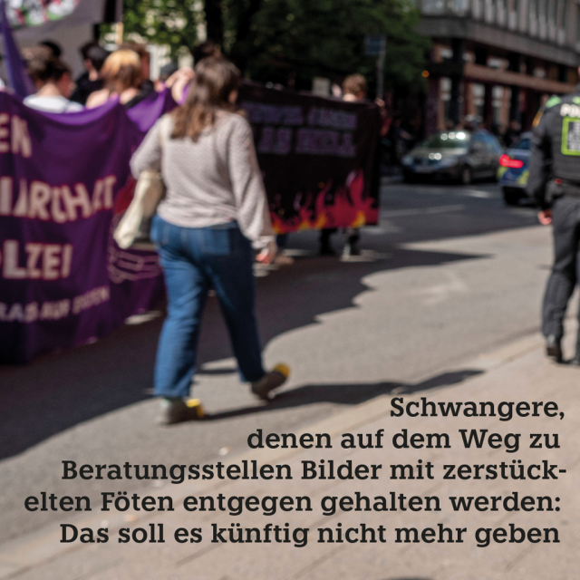 Auf den ersten beiden Slides ist im Hintergrund ein feministischer Protestzug zu sehen. Auf der ersten Grafik steht: Schwangere, denen auf dem Weg zu Beratungsstellen Bilder mit zerstückelten Föten entgegen gehalten werden: Das soll es künftig nicht mehr geben.