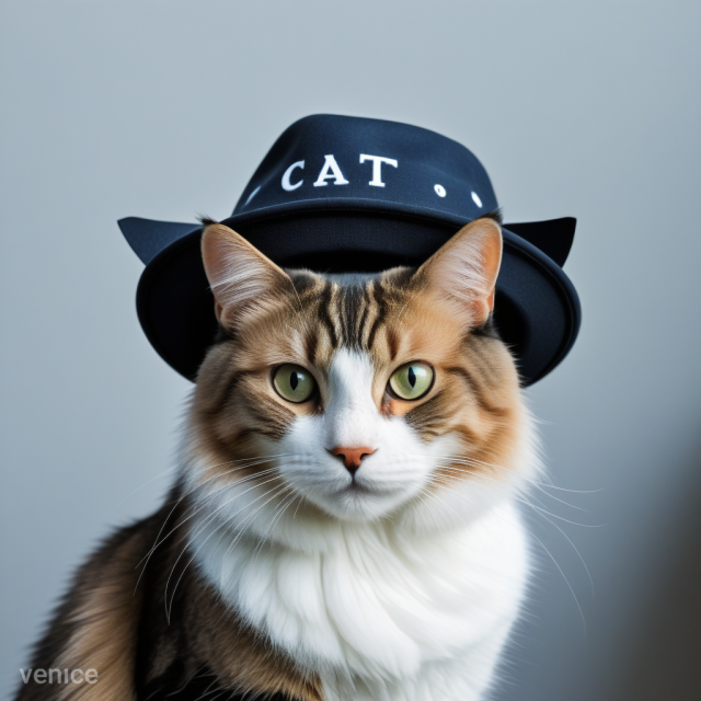 This image features a cat with a distinguished appearance. The cat has a long, fluffy coat with a mix of brown, black, and white fur. Its eyes are large and green, giving it an alert and inquisitive look. The cat is wearing a black hat with the word "CAT" written in white letters on the front. The hat is styled like a fedora, adding a whimsical and charming touch to the cat's dignified demeanor. The background is a simple, solid color, keeping the focus on the cat's expressive face and the playful hat.